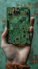 Close-up of a motherboard being held inside the palm of a hand, evolution of computer technology concept