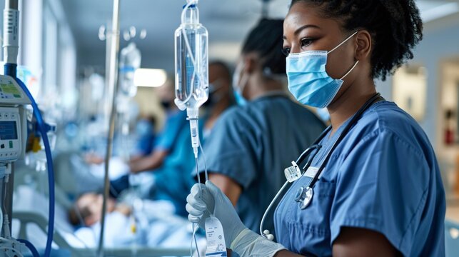 Close up shot of a nurse checking IV drips and monitoring equipment in a hospital ward, with patients in the background