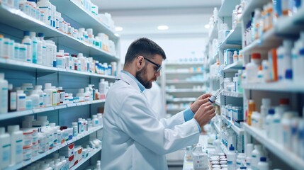 Close up shot of the pharmacist measuring and preparing medication in a modern pharmacy setting, with shelves of medicines in the background