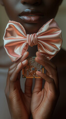 Close-up of a black woman holding a computer chip and wearing a pink bow around her neck, African female working in tech concept