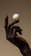 Round sphere balancing on a person's hand, black skin and white ball, abstract minimalism