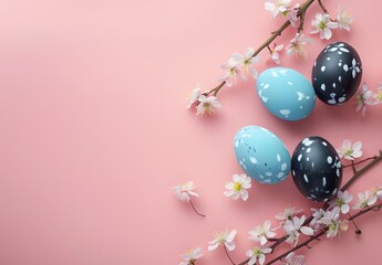 Happy Easter Eggs with Spring Flowers on Pink Background