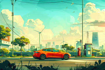 Obraz premium Urban new energy, wind and solar power generation, illustration