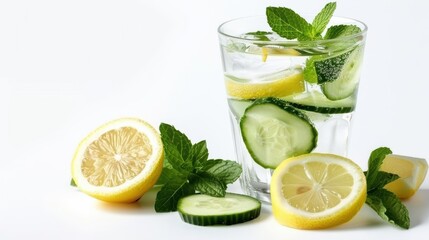 Healthy detox water with slices of lemon, cucumber, and mint leaves in a glass, isolated on white background, copy space Perfect for refreshing and healthy living imagery