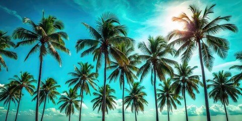 Tropical palm trees silhouetted against a vibrant turquoise blue sky , palm trees, tropical, silhouettes, turquoise, blue