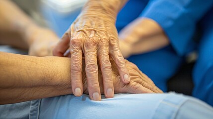 A physiotherapist's hands manipulating a patient's limb during a therapy session, focusing on the therapeutic touch
