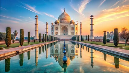 Taj Mahal beautifully reflected in calm waters of reflecting pool, Taj Mahal, reflection, water, pool, architecture