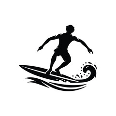 Detailed Vector Art of a Surfer Riding the Waves - Black and White Silhouette of a Man Surfing