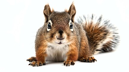 Obraz premium A close-up of a curious squirrel looking directly at the camera, set against a white background. 