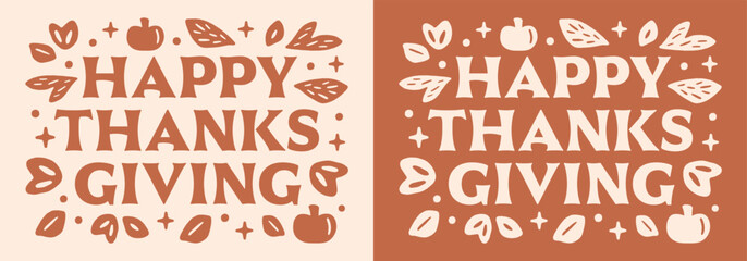 Happy thanksgiving greeting card orange earthy tones natural leaves pumpkins illustration fall season cottagecore farmcore aesthetic banner header shirt design printable sticker print cut file.