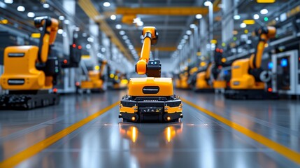 Panoramic view of a futuristic production facility, with robotic systems and AI-driven machinery operating seamlessly. The image captures the innovative spirit and advanced capabilities of the modern