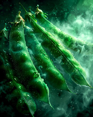 Fototapeta premium A bunch of green peas are shown in a wet, misty atmosphere. Concept of freshness and vitality, as the peas are surrounded by water droplets and appear to be thriving in their environment