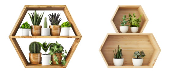 Wooden Hexagon shelf with plants on transparent background