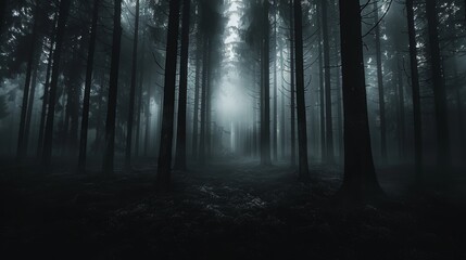 A mysterious and eerie path through a dense forest shrouded in fog. The dark trees create a sense of unease and anticipation.