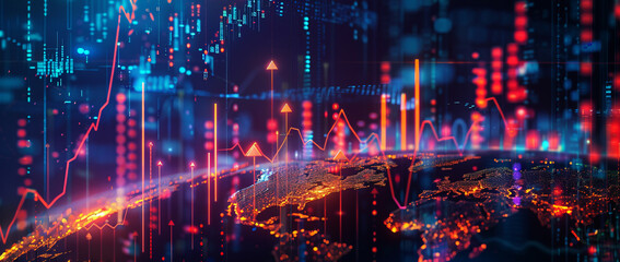 Obraz premium Futuristic stock market or wallpaper background ,Digital wall screen displaying rising growth trading money graphics.