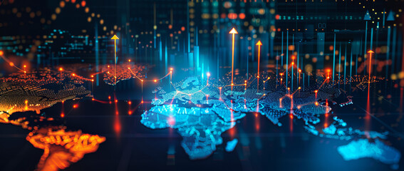 Obraz premium Futuristic stock market or wallpaper background ,Digital wall screen displaying rising growth trading money graphics.