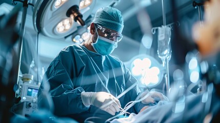 Fototapeta premium An anonymous surgeon in the middle of a complex surgery, only the hands are visible performing precise movements, surrounded by high-tech medical equipment