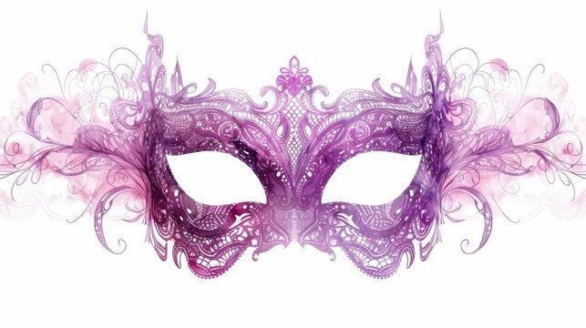 A purple and white masquerade mask with intricate details and a white background.