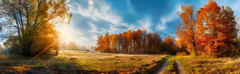 Fototapeta premium Autumn Forest Meadow with Sun Rays and Path