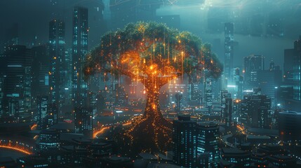 Fototapeta premium A glowing tree stands tall amidst a futuristic city skyline, symbolizing nature's resilience in a technological world.