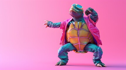 Animated Turtle Character in Vibrant Hip Hop Costume Performing Energetic Dance on Pink Background