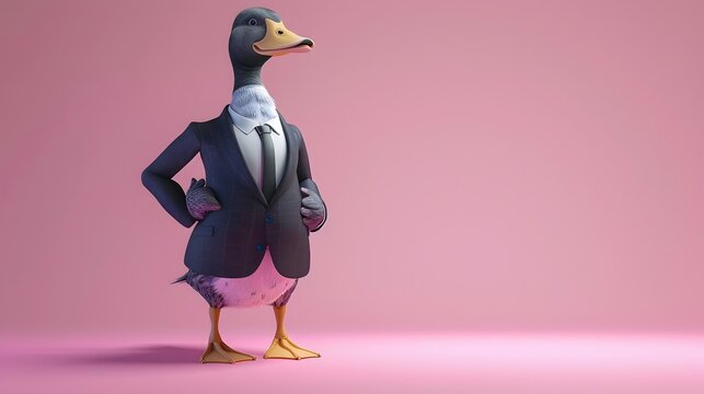 Anthropomorphic Duck in Business Suit on Pink Background