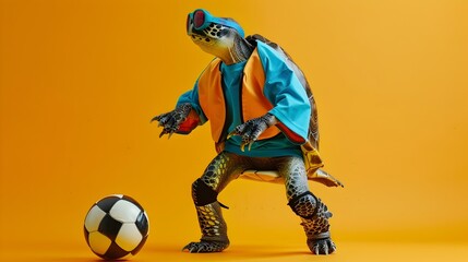 Naklejka premium Anthropomorphic Turtle in Sporty Neo Pop Costume Playing Soccer on Orange Background