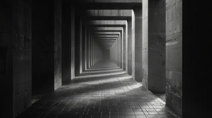 Fototapeta premium A long, narrow, concrete corridor with a light at the end, creating a sense of depth and mystery.