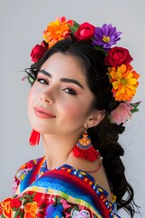 Naklejka premium Attractive Mexican Woman in Vibrant Traditional Costume on Studio White Background