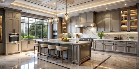 Modern kitchen with premium finishes in a luxury mansion, rendering, modern, kitchen, premium, finishes