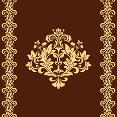 Damask graphic ornament. Floral design element. Golden and brown vector pattern