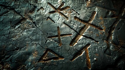 Close-up of abstract carvings on a textured, dark surface.