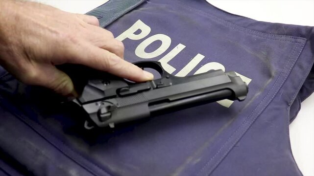 Black firearm hand pistol placed on top of a Police bullet proof safety vest