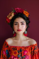 Naklejka premium Captivating Portrait of Alluring Mexican Woman in Vibrant Traditional Costume
