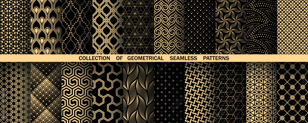 Fototapete Geometric set of seamless black and golden patterns. Simple vector graphics