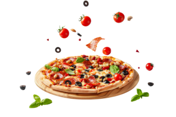 Pizza menu on wooden plate with falling ingredients tomato, peppers and parsley in the air isolated on background.