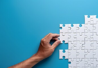 Hand Completing White Puzzle On Blue Background
