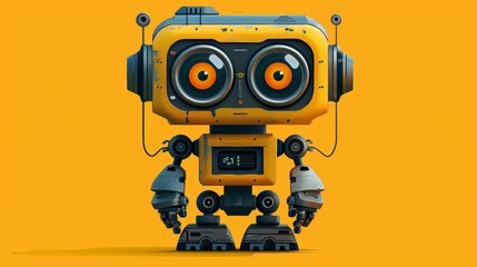 A cute yellow robot with big eyes and a small digital screen stands against a vibrant yellow background.