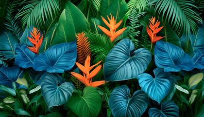 Tropical rainforest scene featuring vibrant orange and green foliage, with lush blue leaves, depicting exotic plant life in an artistic and detailed presentation.