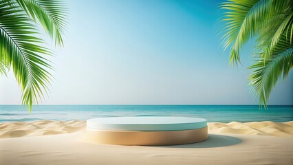 Abstract minimal display podium with summer beach scene perfect for product showcasing, render, abstract, minimal, display