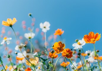 Fototapeta premium Vibrant Orange & White Flowers Against Blue Sky
