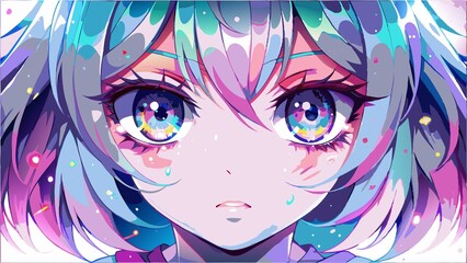Naklejka premium the gentle face of an anime girl with blue hair and icy sad big eyes