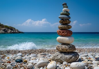 Fototapeta premium Zen Stones Stacked on Beach with Ocean View