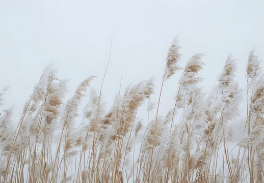 Frost-Covered Reeds Against White Sky