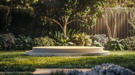Lavish lawn, podium with chic flair, dynamic billboard mockup. Stylish colors for upscale gatherings.