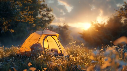 A cozy camping tent illuminated by the warm glow of sunrise in a tranquil meadow full of wildflowers, under a clear sky.