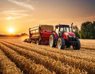 Obraz premium A tractor in the field harvesting. Generative ai.