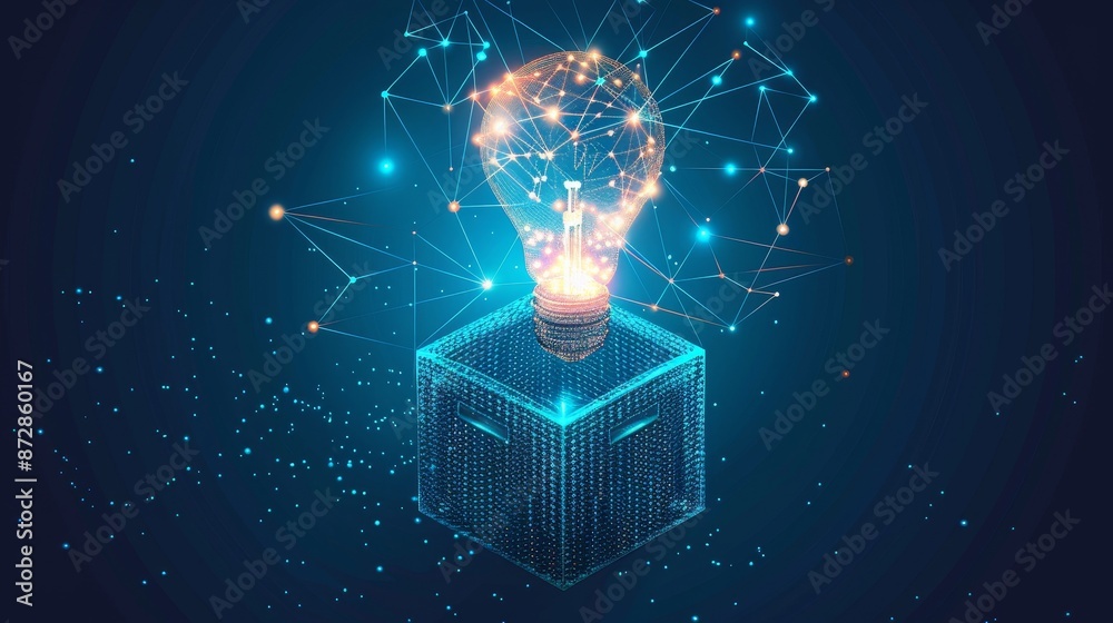 Aufkleber Abstract open box and light bulb on geometric background. Wireframe structure for connections to lights. Modern 3D graphic concept. Isolated illustration.
