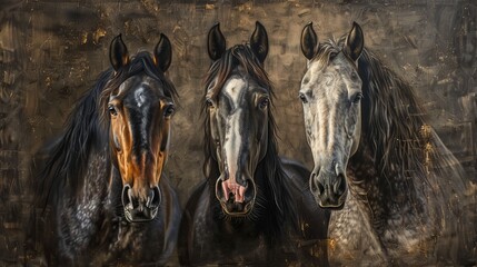 Fototapeta premium Painting with golden colors on textured background. Oil on canvas. Modern Art. Horses, green, gray, wallpaper, posters, cards, murals, carpets, hangings, prints, etc.