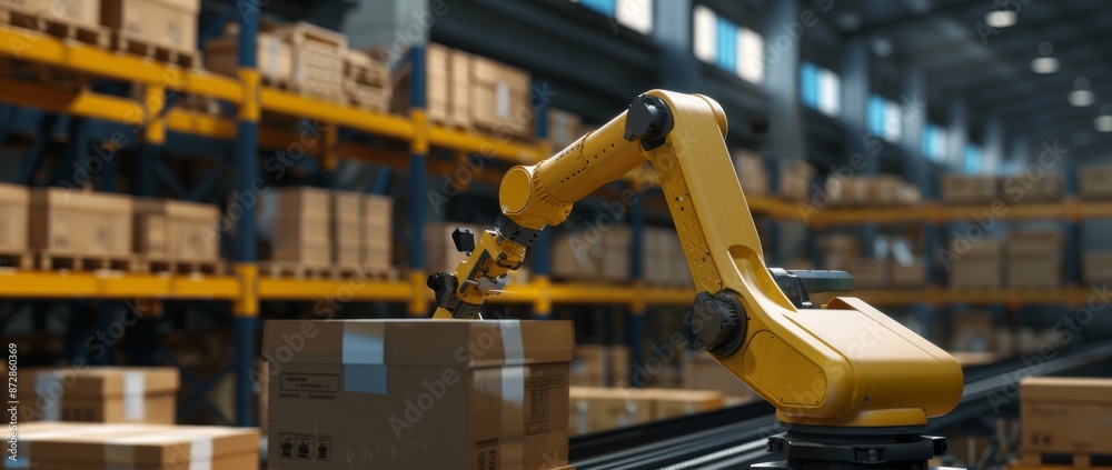Fototapete Automation logistics on smart stock storage. Industrial robot with AI on factory floor. Robotic business concept.